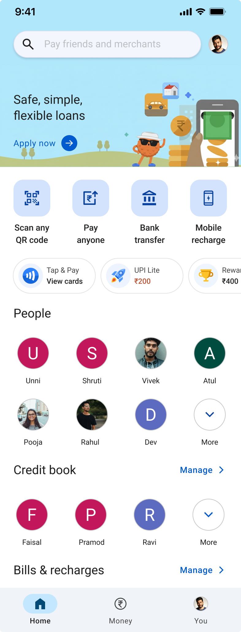 Customer home screen showing Credit Log placement